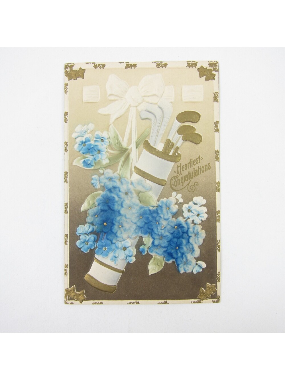 Postcard Golf Bag & Clubs Congratulations Blue Flowers 3D & Gold Accents Antique